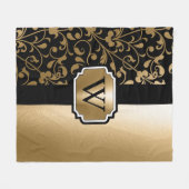 Zwart en Gouden Bloemen Fleece Deken (Voorkant (Horizontaal))