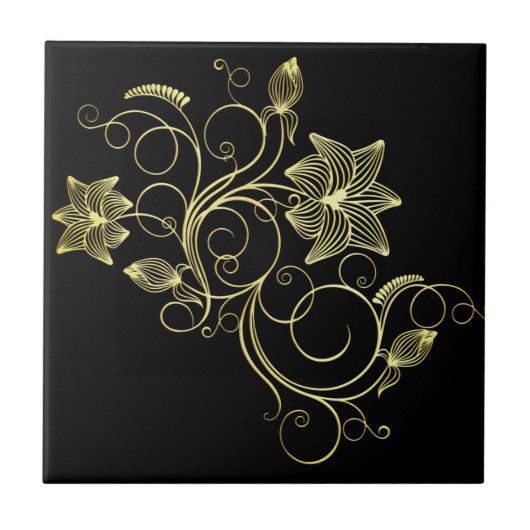 Zwart en Gouden Bloemen Keramische Tegel - Kies Kl Tegeltje (Voorkant)