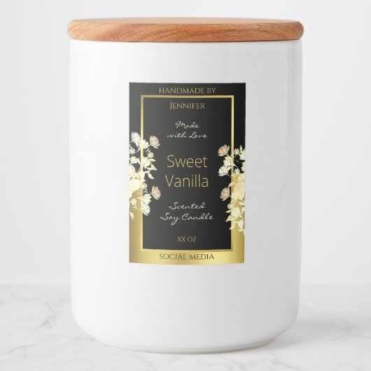 Zwart en Gouden Bloemen Product Verpakkingsetikett Voedselcontainer Etiket (Voorkant)