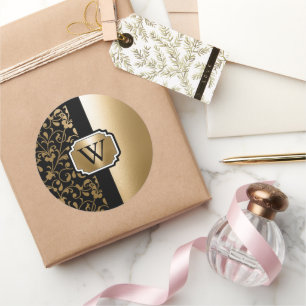 Zwart en Gouden Bloemen Ronde Sticker
