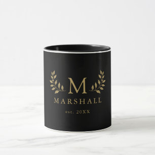 Zwart en gouden bloemenmonogram familienaam mok