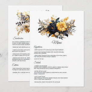 Zwart en gouden bloemenschema voor een trouwfeest menu