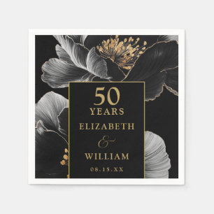 Zwart en gouden bloemig elegant 50-jarig jubileum servet