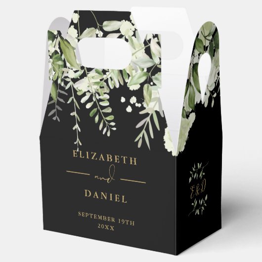 Zwart En Gouden Bloemige Groene Monogram Bruiloft Bedankdoosjes (Geopend)