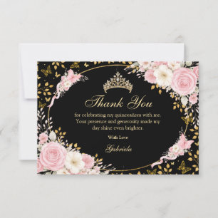 Zwart en gouden blos roze Quinceañera vlinder Bedankkaart