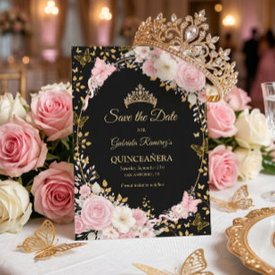 Zwart en gouden blush roze Quinceañera vlinder Save The Date