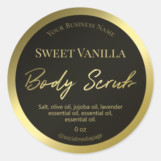 Zwart en Gouden Body Scrub Productlabel Ronde Sticker (Voorkant)