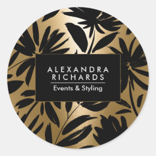 Zwart en Gouden Borstel Bloemen Ronde Sticker