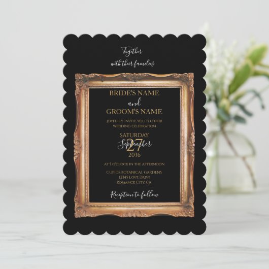zwart en gouden bruiloft kaart (Staand voorkant)