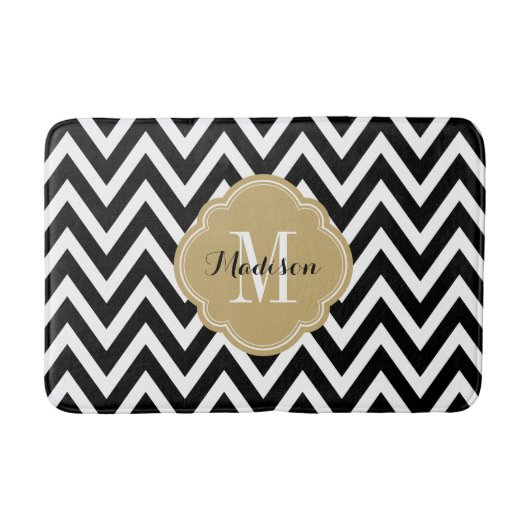 Zwart en Gouden Chevron Monogram Badmat (Voorkant)