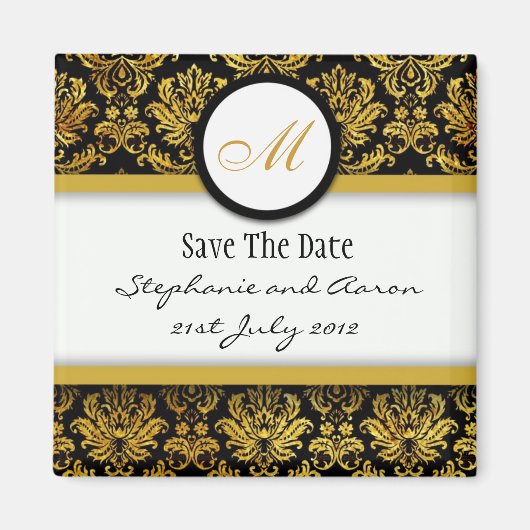 Zwart en gouden Damask Monogram opslaan Datum Magneet (Voorkant)
