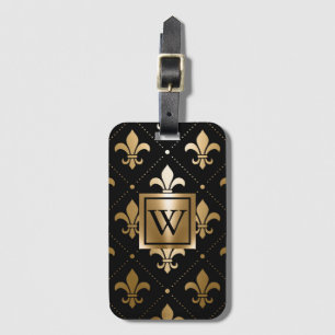 Zwart en Gouden Fleur-de-lis Bagagelabel