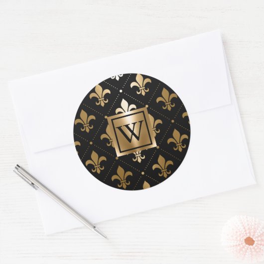 Zwart en Gouden Fleur-de-lis Ronde Sticker (Envelop)