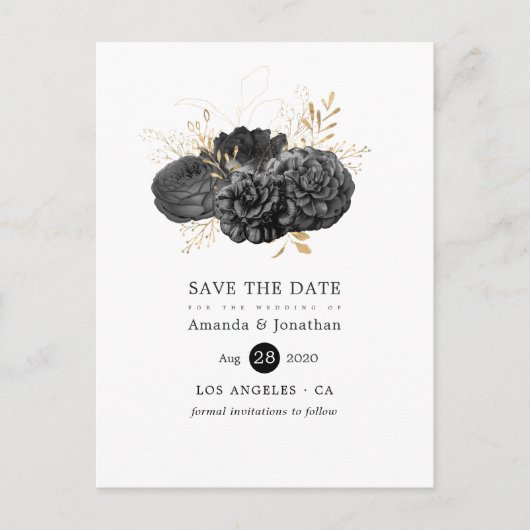 zwart en gouden Floral bruiloft Bewaar de datum Aankondigingskaart (Voorkant)