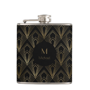 Zwart en gouden geometrisch patroon Monogram Heupfles
