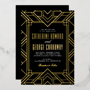 Zwart en gouden geometrische Gatsby-huwelijk Folie Uitnodiging