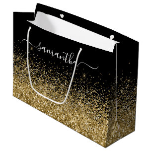 Zwart en gouden glinsterende elegante naam groot cadeauzakje