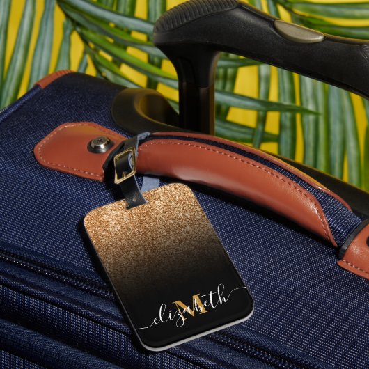 Zwart en Gouden Glitter Monogram Bagagelabel (Voorkant Insitu 1)