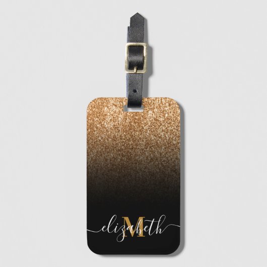 Zwart en Gouden Glitter Monogram Bagagelabel (Voorkant (verticaal))