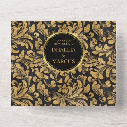 Zwart en gouden Gothic patroon All In One Uitnodiging (Achterkant)