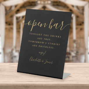Zwart en gouden handtekening script open bar reclamebord met voetstuk