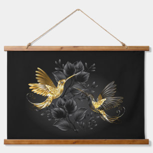 Zwart en Gouden Kolibrie Hangend Wandkleed