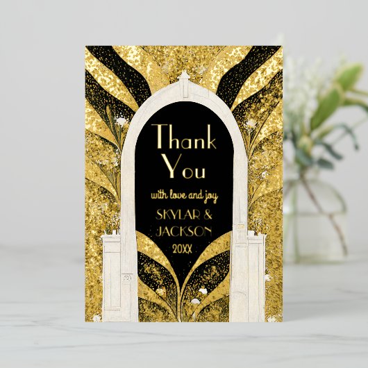 Zwart en gouden kunst Deco Archway Weddenschap Har Folie Uitnodiging (Staand Voorkant)
