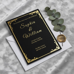 Zwart en gouden luxe trouwuitnodiging met elegant folie uitnodiging