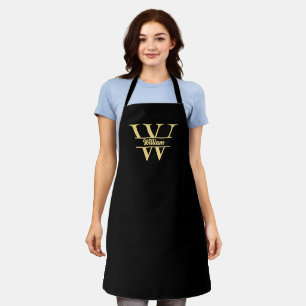 Zwart en Gouden Monogram Elegant Initiaal Schrif Schort
