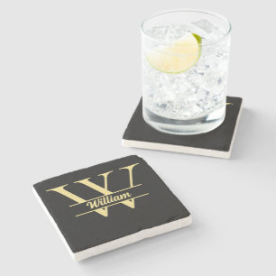 Zwart en Gouden Monogram Elegante Initiaal Naam Stenen Onderzetter