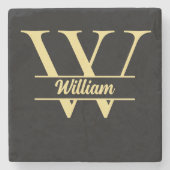 Zwart en Gouden Monogram | Elegante Initiaal Naam Stenen Onderzetter (Voorkant)