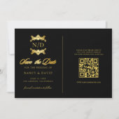 Zwart En Gouden Monogram Qr Code Bruiloft Save The Date (Voorkant)
