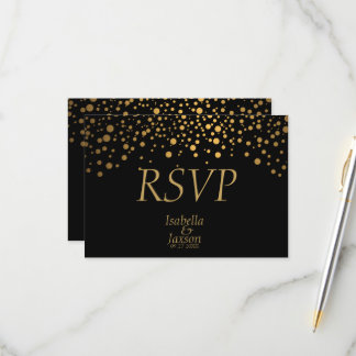 Zwart en Gouden Nep Folie Confetti Stippen RSVP Kaartje
