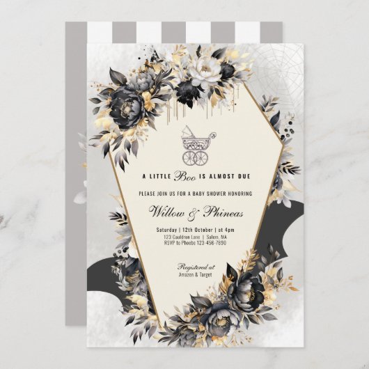 Zwart en Gouden Pioenrozen Halloween Baby shower Kaart (Voorkant / Achterkant)