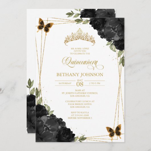 Zwart en gouden Quinceañera uitnodiging (Voorkant / Achterkant)