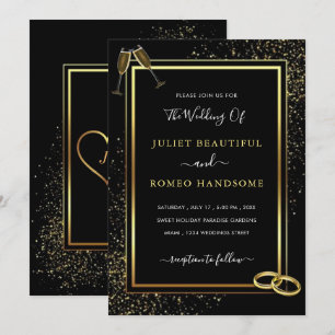Zwart en Gouden Ringen Bruiloft Uitnodiging