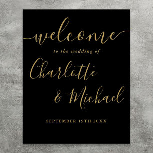 Zwart en gouden script huwelijks welkomstbord poster
