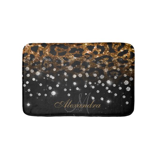 Zwart en Gouden Sparkle Leopard Print Badmat (Voorkant)