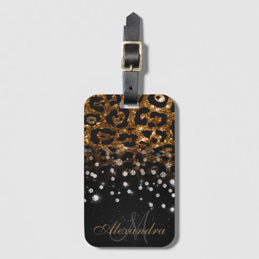 Zwart en Gouden Sparkle Leopard Print Bagagelabel (Voorkant (verticaal))