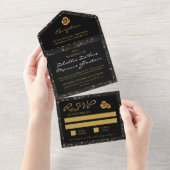 Zwart en gouden sterren Gothic Pattern All In One Uitnodiging (Afscheurbaar)