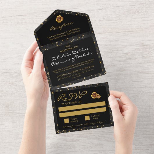 Zwart en gouden sterren Gothic Pattern All In One Uitnodiging (Afscheurbaar)