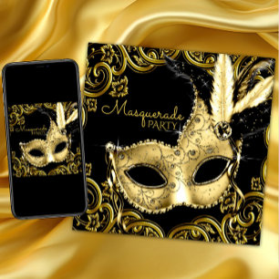 Zwart en Gouden Veer Masker Masker Maskerade Party Kaart