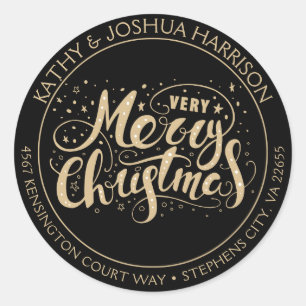 Zwart en gouden zeer prettig kerstadres ronde sticker