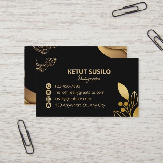 Zwart en goudlegant visitekaartje (Voorkant / Achterkant in situ)