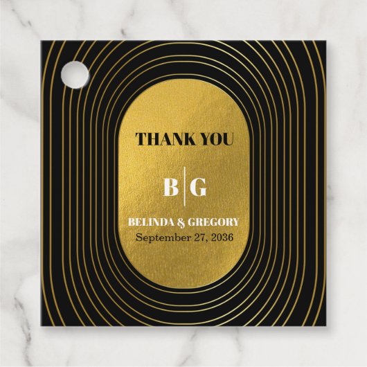 Zwart en goudmatig minimalistisch pleisterhuwelijk bedankjes labels (Voorkant)