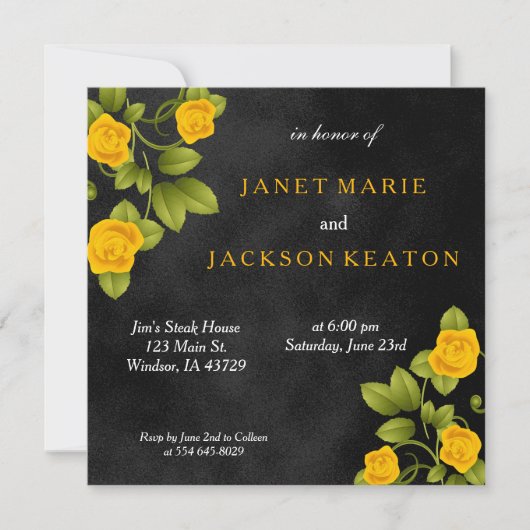 Zwart en goudsbloem gele roos bloem bruiloft kaart (Voorkant)