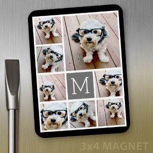 Zwart en grijs 8 foto collage - met monogram magneet