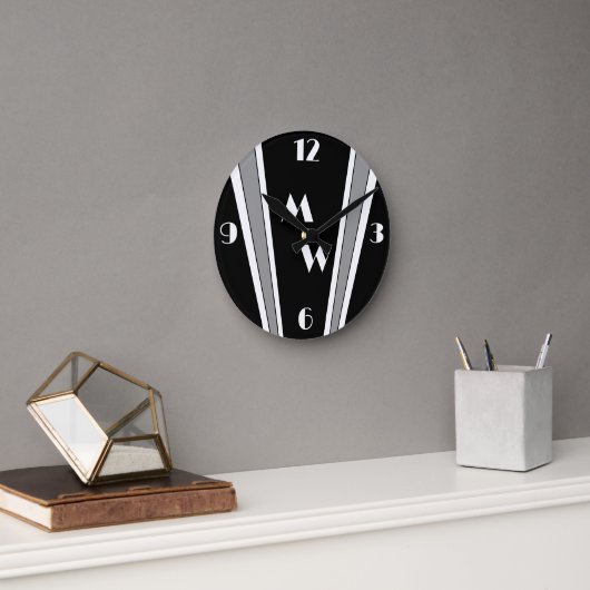 Zwart en grijs Art Deco Design monogram Ronde Klok (Kantoor)