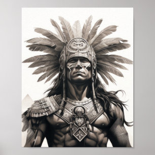 Zwart en grijs Aztec Warrior op witte achtergrond Poster