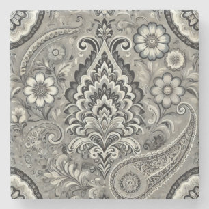 Zwart en grijs Bloemen Paisley Elegance Stenen Onderzetter